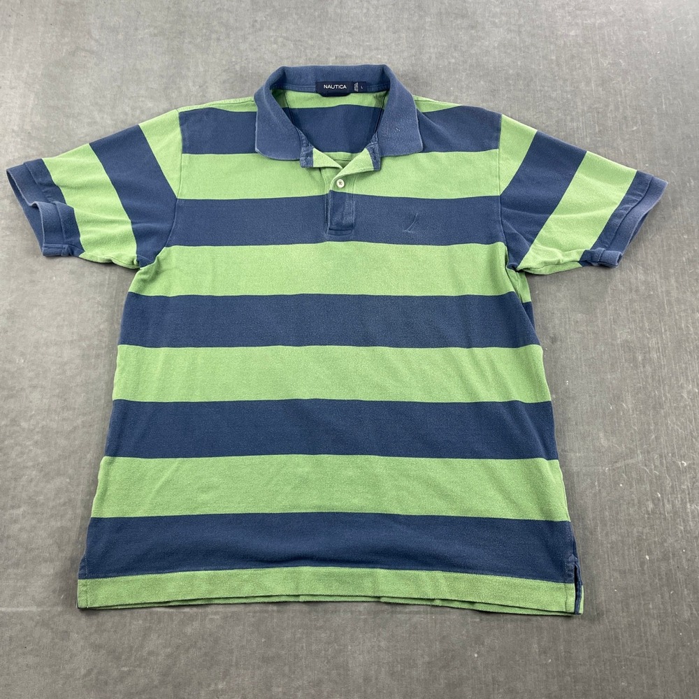 Nautica Mens Large Green Blue Striped Polo Shirt Classic Fit Cotton Logo